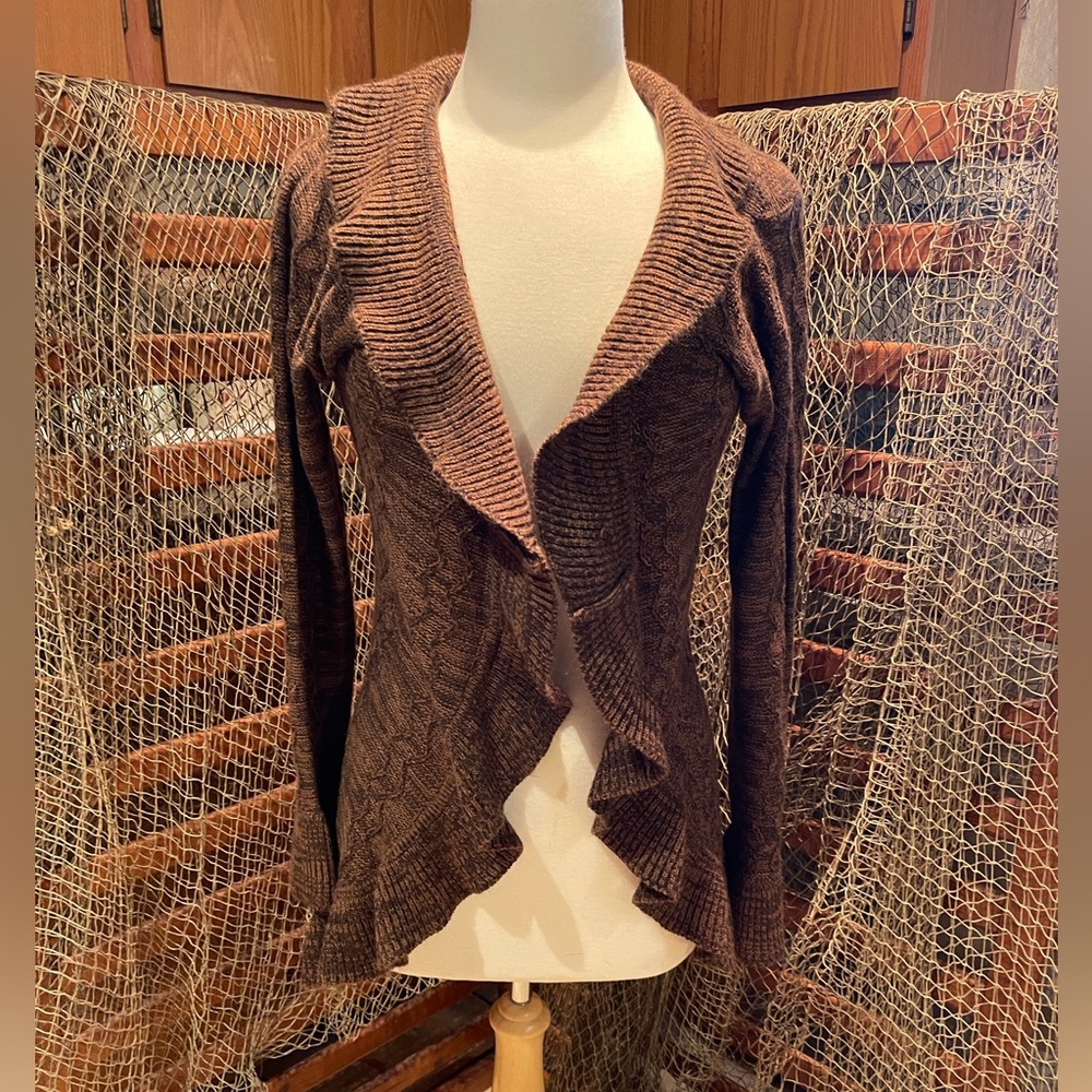 Brittany Black Long Brown Variegated Cardigan w/ Ruffles size Small  JD